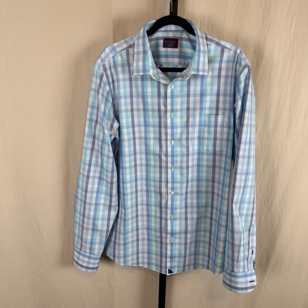 UNTUCKit Mens XL Tall Slim Wrinkle Free Plaid Button Down Shirt Blue White